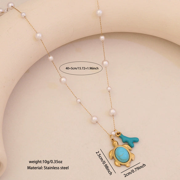 Wholesale Imitation Pearl Necklace With Ocean Shell Starfish Turtle Pendant Stainless Steel Animal Zodiac Jewelry