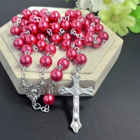 Wholesale Imitation Pearl O Shaped Chain Cross Pendant Necklace Alloy Pendant Polishing Geometric Light Luxury Style