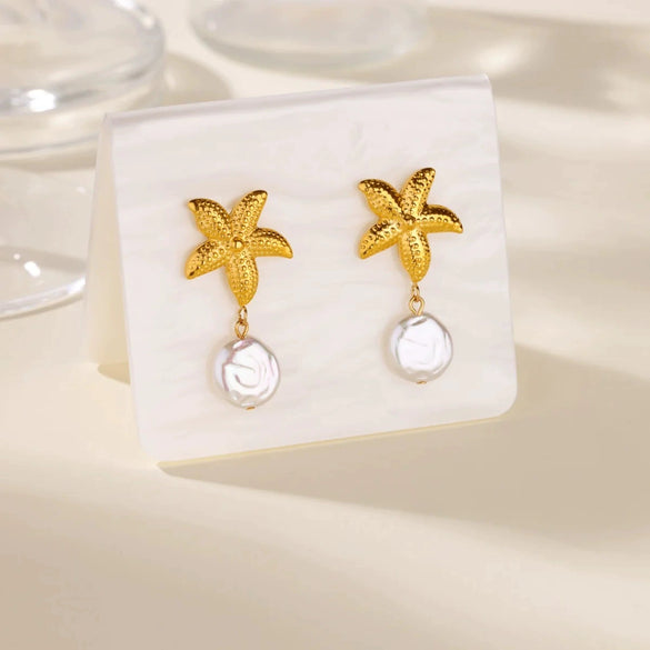 Wholesale Imitation Pearl Shell Geometric Stainless Steel Gold Electroplated Earrings For Women With Starfish Design