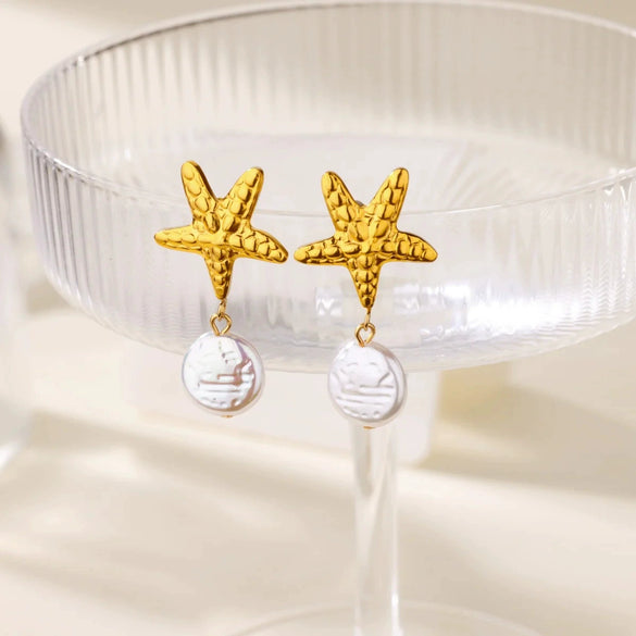 Wholesale Imitation Pearl Shell Geometric Stainless Steel Gold Electroplated Earrings For Women With Starfish Design