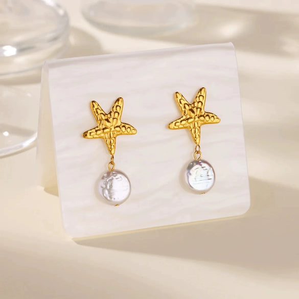 Wholesale Imitation Pearl Shell Geometric Stainless Steel Gold Electroplated Earrings For Women With Starfish Design