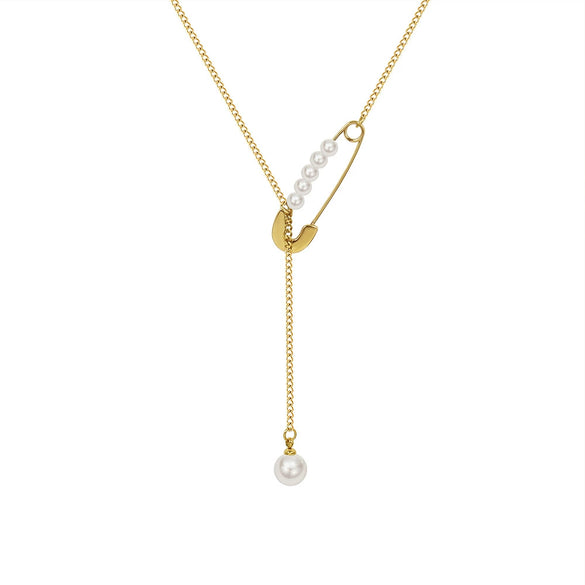 Wholesale Imitation Pearl Tassel Pendant Necklace Clavicle Chain In Geometric Style Titanium Steel With 18K Gold Electroplating