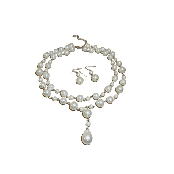 Wholesale Imitation Pearl Water Drop Love Bell French Retro Clavicle Chain Necklace And Earrings Set With Pearls