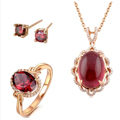 Wholesale Imitation Pigeon Blood Ruby Rose Gold Plated Garnet Jewelry Four-Piece Set