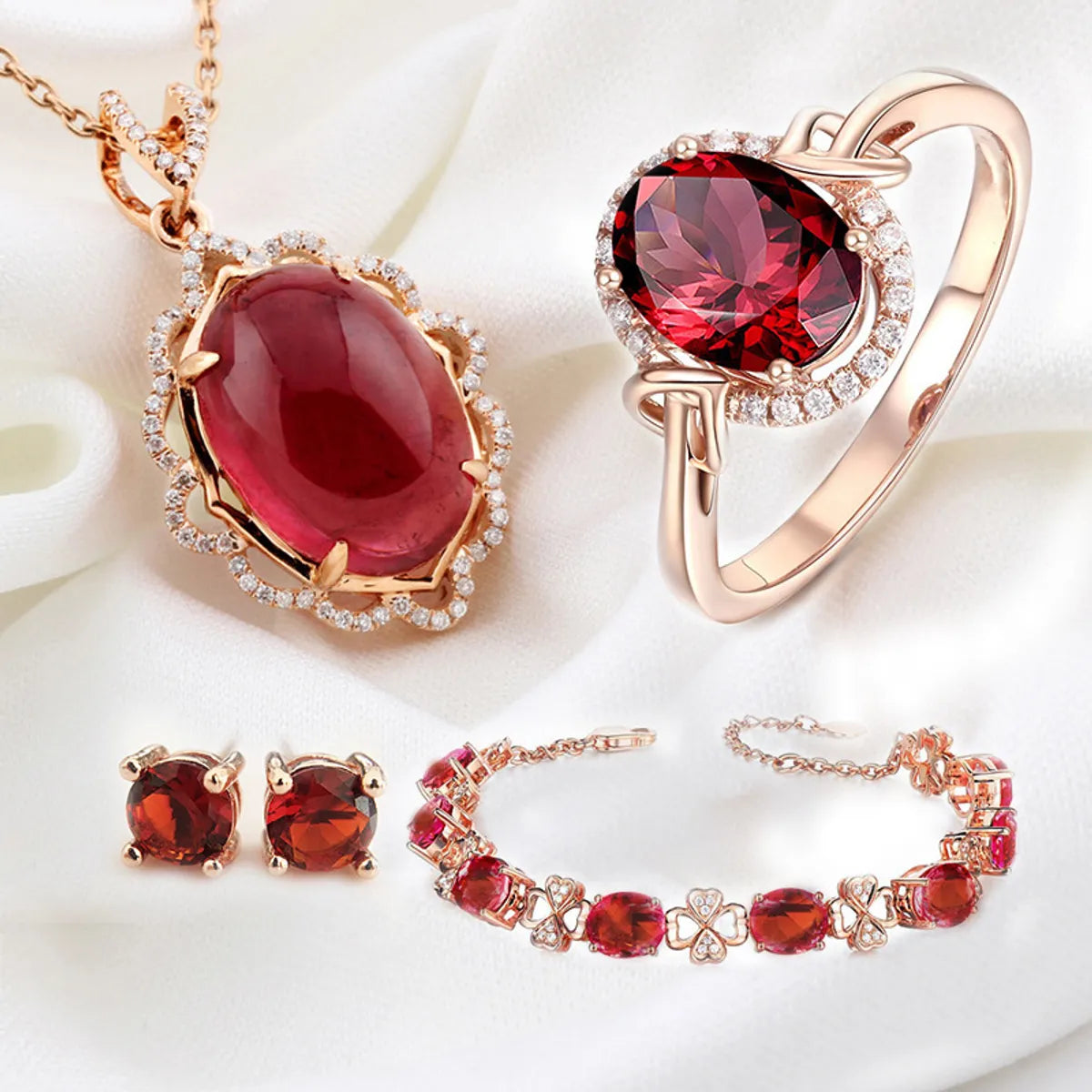 Wholesale Imitation Pigeon Blood Ruby Rose Gold Plated Garnet Jewelry Four-Piece Set