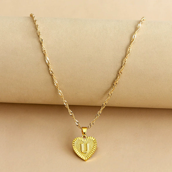 Wholesale Initial Letter Hexagon Peach Heart Imitation Gold Pendant Necklace For Women Alloy Electroplated Bamboo Chain