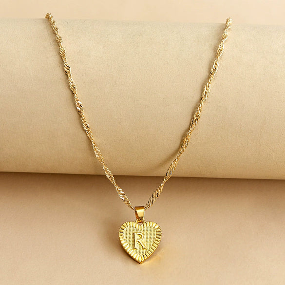 Wholesale Initial Letter Hexagon Peach Heart Imitation Gold Pendant Necklace For Women Alloy Electroplated Bamboo Chain