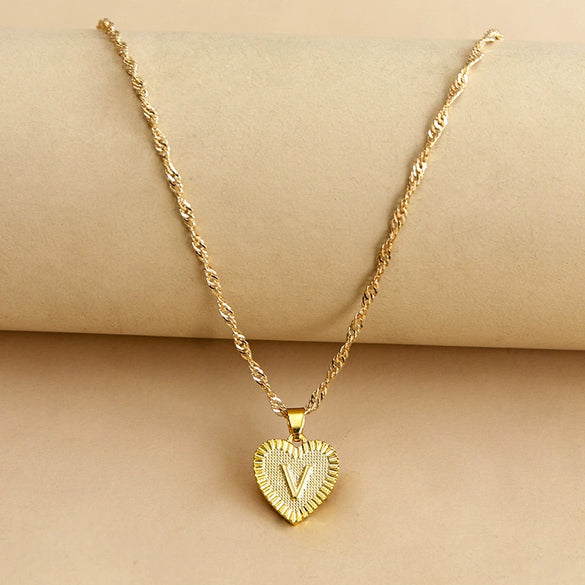 Wholesale Initial Letter Hexagon Peach Heart Imitation Gold Pendant Necklace For Women Alloy Electroplated Bamboo Chain