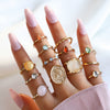 Wholesale Inlaid Diamond Embossed Portrait Ring Set For Women Alloy Heart And Geometric Pattern Cold Style Baroque Retro Jelly Color Electroplated