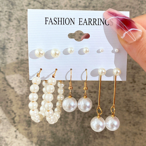 Wholesale Inlaid Imitation Pearl Women's Earrings Set Alloy Geometric Retro Style Set With Diamonds