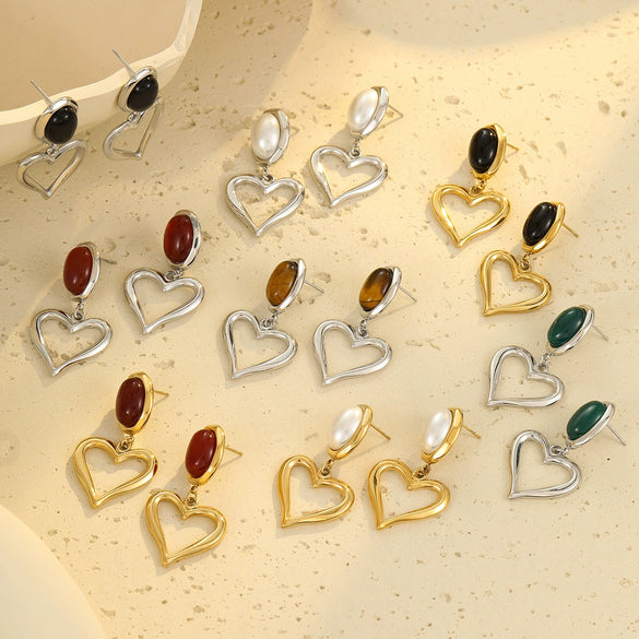 Wholesale Inlaid Natural Stone Geometric Stainless Steel 18K Gold Electroplated Women's Vintage Love Ear Drop Earrings
