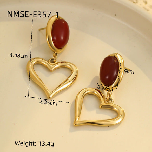 Wholesale Inlaid Natural Stone Geometric Stainless Steel 18K Gold Electroplated Women's Vintage Love Ear Drop Earrings