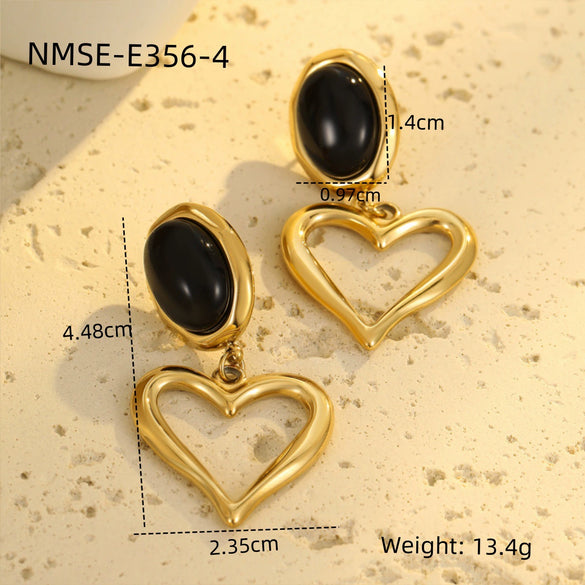 Wholesale Inlaid Natural Stone Geometric Stainless Steel 18K Gold Electroplated Women's Vintage Love Ear Drop Earrings