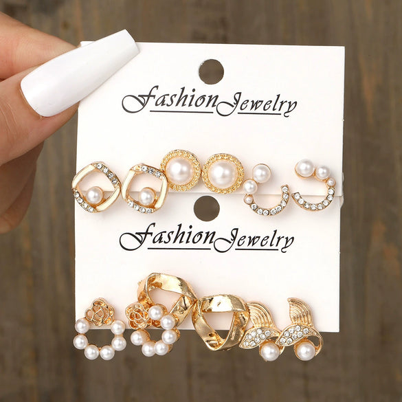 Wholesale Inlaid Pearl Ladies Earrings Set Alloy Geometric Electroplated Retro Style