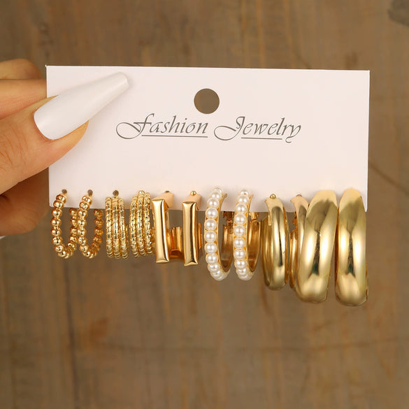 Wholesale Inlaid Pearl Ladies Earrings Set Alloy Geometric Electroplated Retro Style