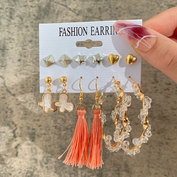 Wholesale Inlaid Pearl Ladies Earrings Set Alloy Geometric Electroplated Retro Style