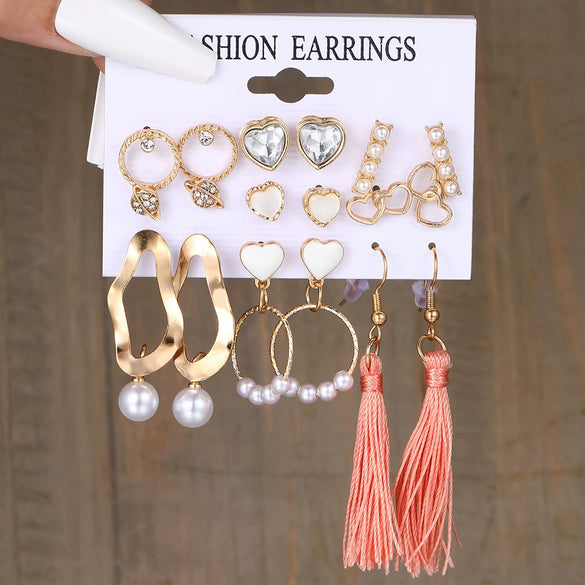 Wholesale Inlaid Pearl Ladies Earrings Set Alloy Geometric Electroplated Retro Style