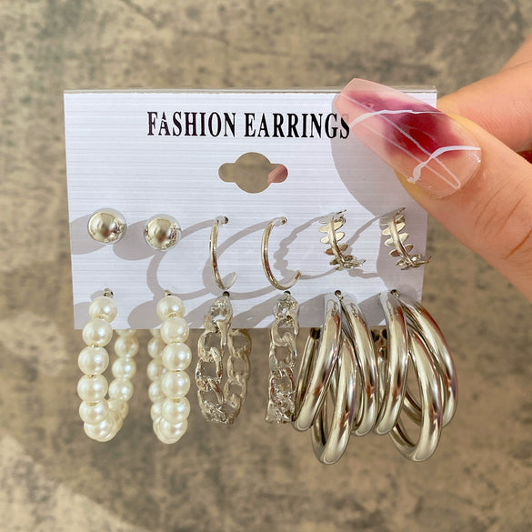 Wholesale Inlaid Pearl Ladies Earrings Set Alloy Geometric Electroplated Retro Style