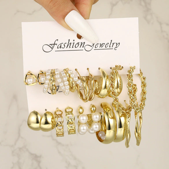 Wholesale Inlaid Pearl Ladies Earrings Set Alloy Geometric Electroplated Retro Style