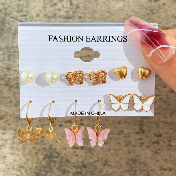 Wholesale Inlaid Pearl Ladies Earrings Set Alloy Geometric Electroplated Retro Style