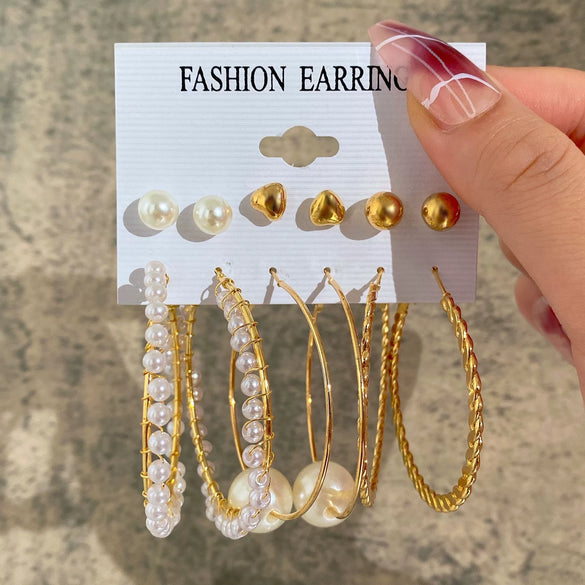 Wholesale Inlaid Pearl Ladies Earrings Set Alloy Geometric Electroplated Retro Style