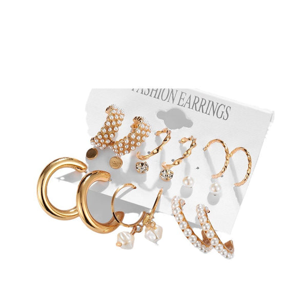 Wholesale Inlaid Pearl Ladies Earrings Set Alloy Geometric Electroplated Retro Style