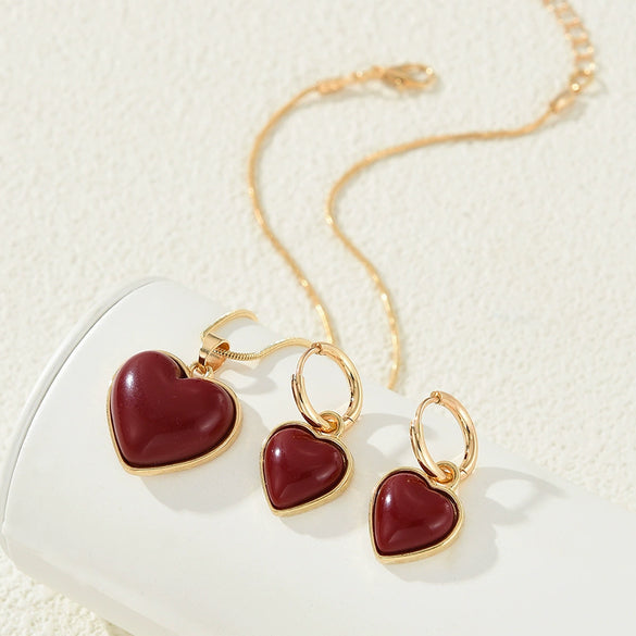 Wholesale Inlaid Red Peach Heart Earrings Necklace Jewelry Set For Women Alloy Electroplated Heart Water Drop Bell Pattern