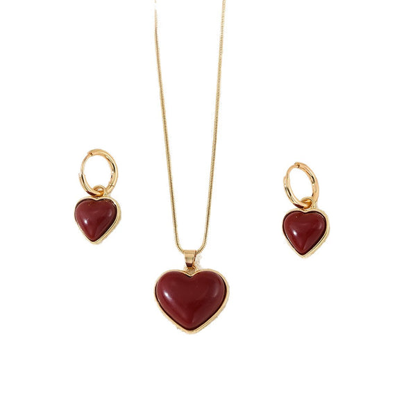 Wholesale Inlaid Red Peach Heart Earrings Necklace Jewelry Set For Women Alloy Electroplated Heart Water Drop Bell Pattern