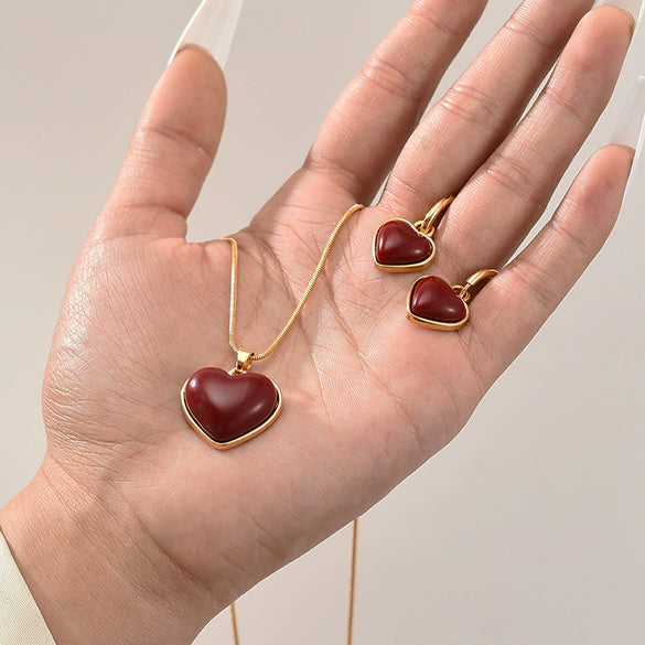 Wholesale Inlaid Red Peach Heart Earrings Necklace Jewelry Set For Women Alloy Electroplated Heart Water Drop Bell Pattern