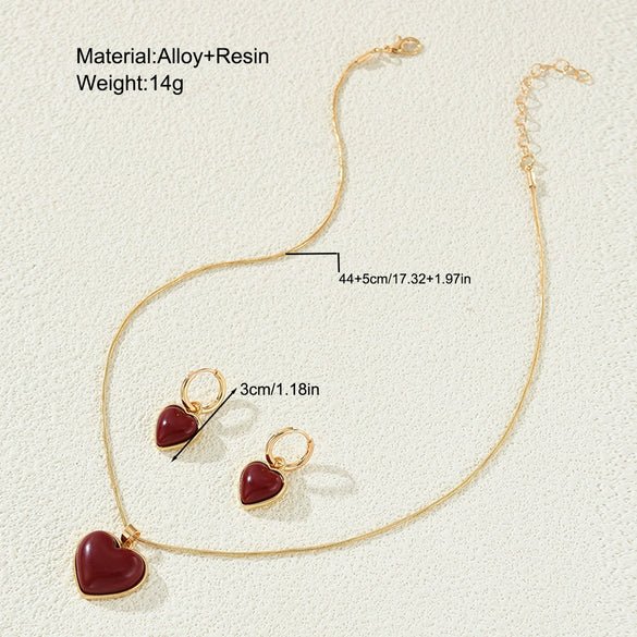 Wholesale Inlaid Red Peach Heart Earrings Necklace Jewelry Set For Women Alloy Electroplated Heart Water Drop Bell Pattern