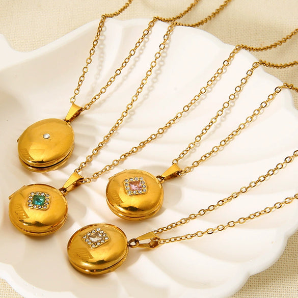 Wholesale Ins Geometric Zircon Magnetic Photo Box Pendant Stainless Steel 18K Gold Plated Necklace For Women