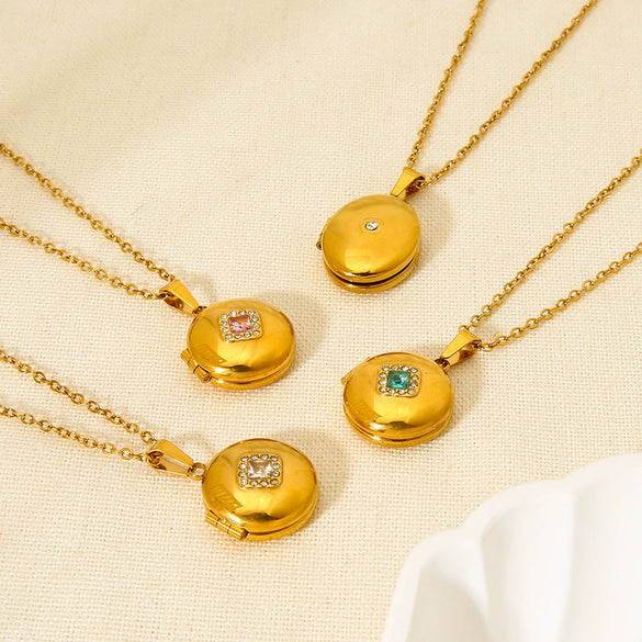 Wholesale Ins Geometric Zircon Magnetic Photo Box Pendant Stainless Steel 18K Gold Plated Necklace For Women