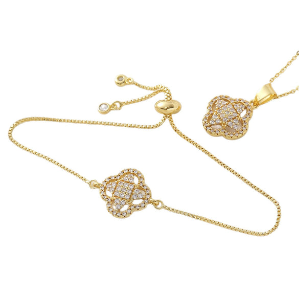 Wholesale Ins Style Copper Electroplated 18K Gold Four Leaf Clover Pendant Necklace And Bracelet Set