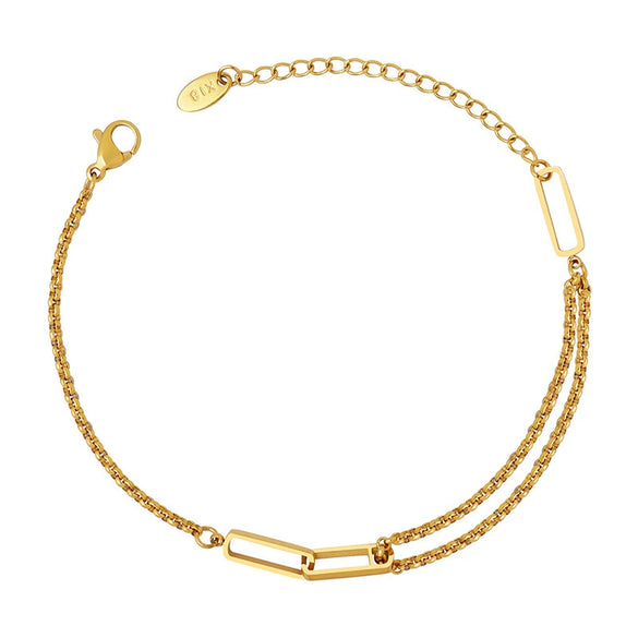 Wholesale Ins Style Geometric Hollow Rectangular Ring Buckle Double Layer Chain Bracelet For Women Titanium Steel 18K Gold Plated Hand Jewelry