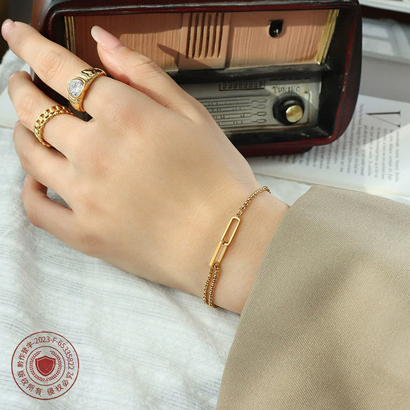 Wholesale Ins Style Geometric Hollow Rectangular Ring Buckle Double Layer Chain Bracelet For Women Titanium Steel 18K Gold Plated Hand Jewelry