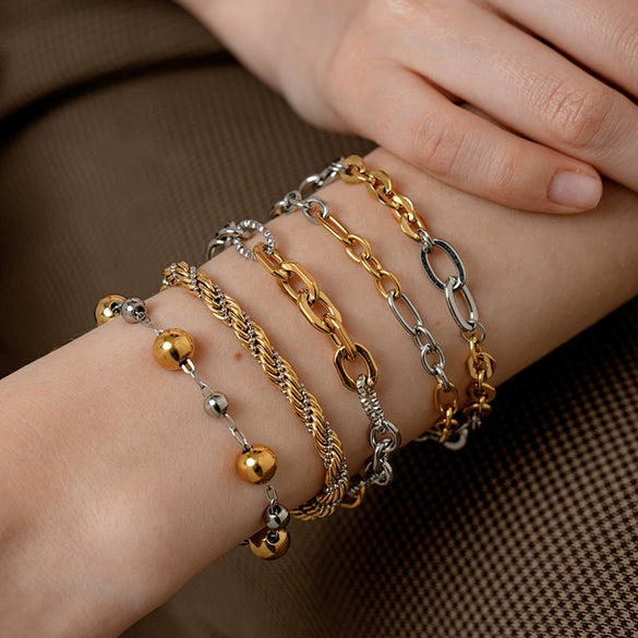 Wholesale Ins Style Geometric Stainless Steel Braided Bead Colorblocking 18K Gold Plated Waterproof Bracelet For Women