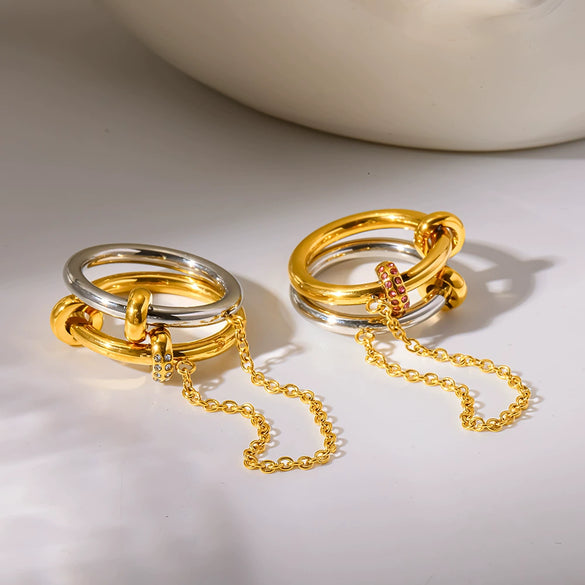 Wholesale Ins Style Geometric Stainless Steel Chain Ring With Rhinestones Vacuum Real Gold Plated In Pvd Furnace For Women