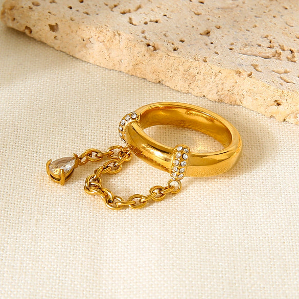 Wholesale Ins Style Geometric Water Drop Zircon Stainless Steel Ring 18K Gold Plated For Women