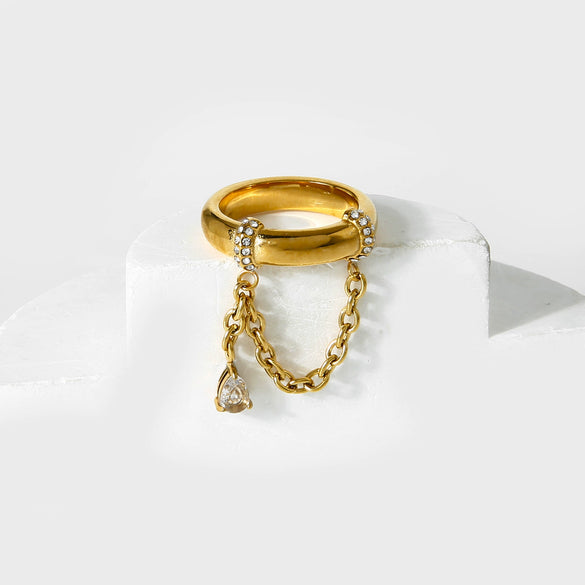 Wholesale Ins Style Geometric Water Drop Zircon Stainless Steel Ring 18K Gold Plated For Women