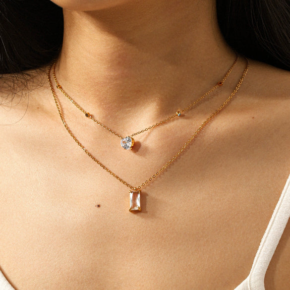 Wholesale Ins Style Geometric Zircon Pendant 18K Goldplated Stainless Steel Necklace For Women