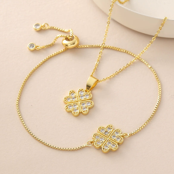 Wholesale Ins Style Goldplated Copper Fourleaf Clover Pendant Necklace With Pullout Bracelet Jewelry Set For Women