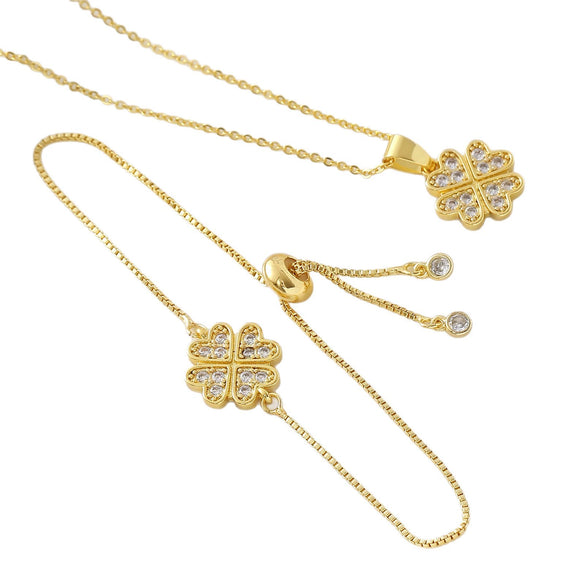 Wholesale Ins Style Goldplated Copper Fourleaf Clover Pendant Necklace With Pullout Bracelet Jewelry Set For Women