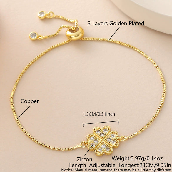 Wholesale Ins Style Goldplated Copper Fourleaf Clover Pendant Necklace With Pullout Bracelet Jewelry Set For Women