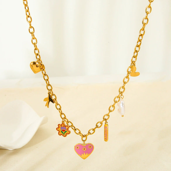 Wholesale Ins Style Heart Flower Pendant Stainless Steel Titanium Steel Necklace 18K Gold Plated Dripping Oil Jewelry For Women