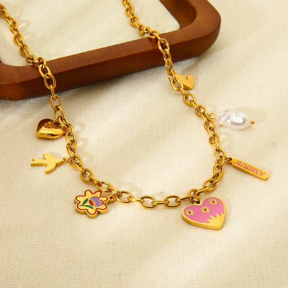 Wholesale Ins Style Heart Flower Pendant Stainless Steel Titanium Steel Necklace 18K Gold Plated Dripping Oil Jewelry For Women
