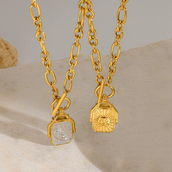 Wholesale Ins Style Minimalist Geometric Doublesided Sun And Moon Cross Chain 18K Gold Plated Stainless Steel Necklace For Unisex