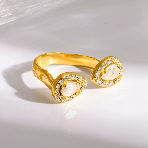 Wholesale Ins Style Minimalist Stainless Steel Open Ring With Double Teardrop Zircon For Women