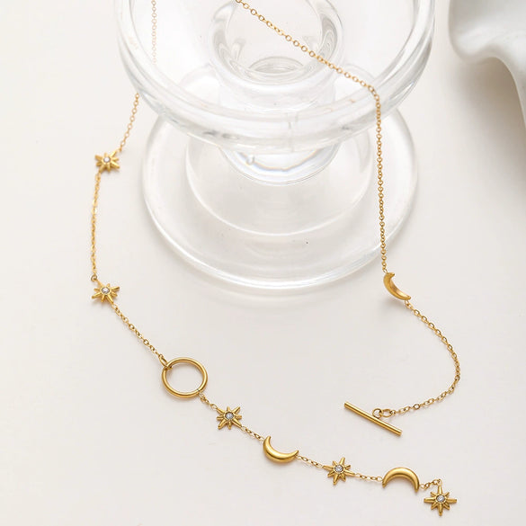 Wholesale Ins Style Minimalist Star Shape Diamondencrusted Pendant Ot Clasp Stainless Steel Necklace With Vacuum Real Gold Plating For Women