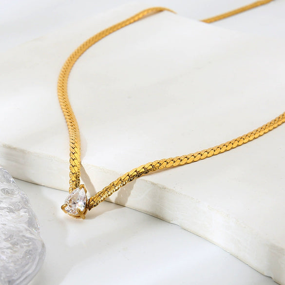 Wholesale Ins Style Minimalist Water Drop Geometric Zircon Stainless Steel Pendant Necklace For Women 18K Gold Plated