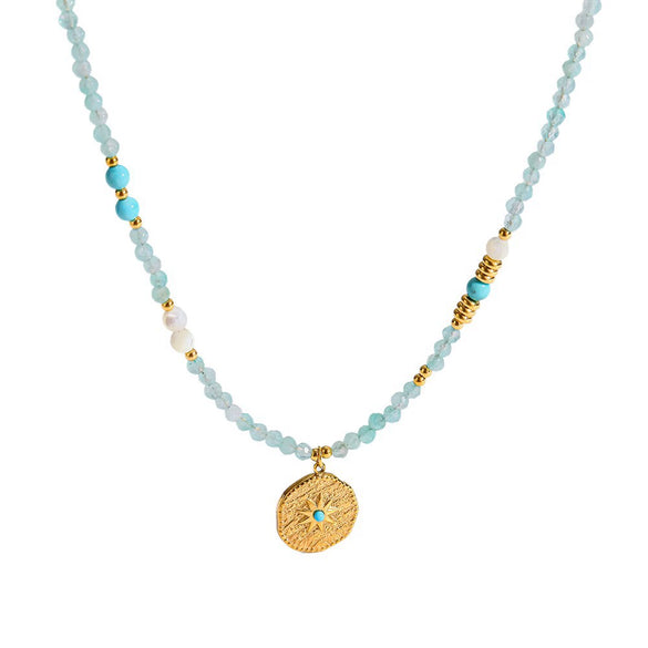 Wholesale Ins Style Mint Green Natural Stone Stainless Steel Necklace With Star Shape Geometric 18K Gold Plated Pendant And Handmade Beaded Chain For Women